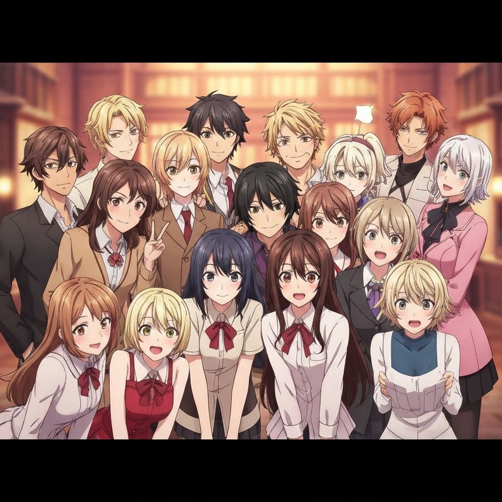 Group photo converted to cinematic anime scene with multiple anime characters