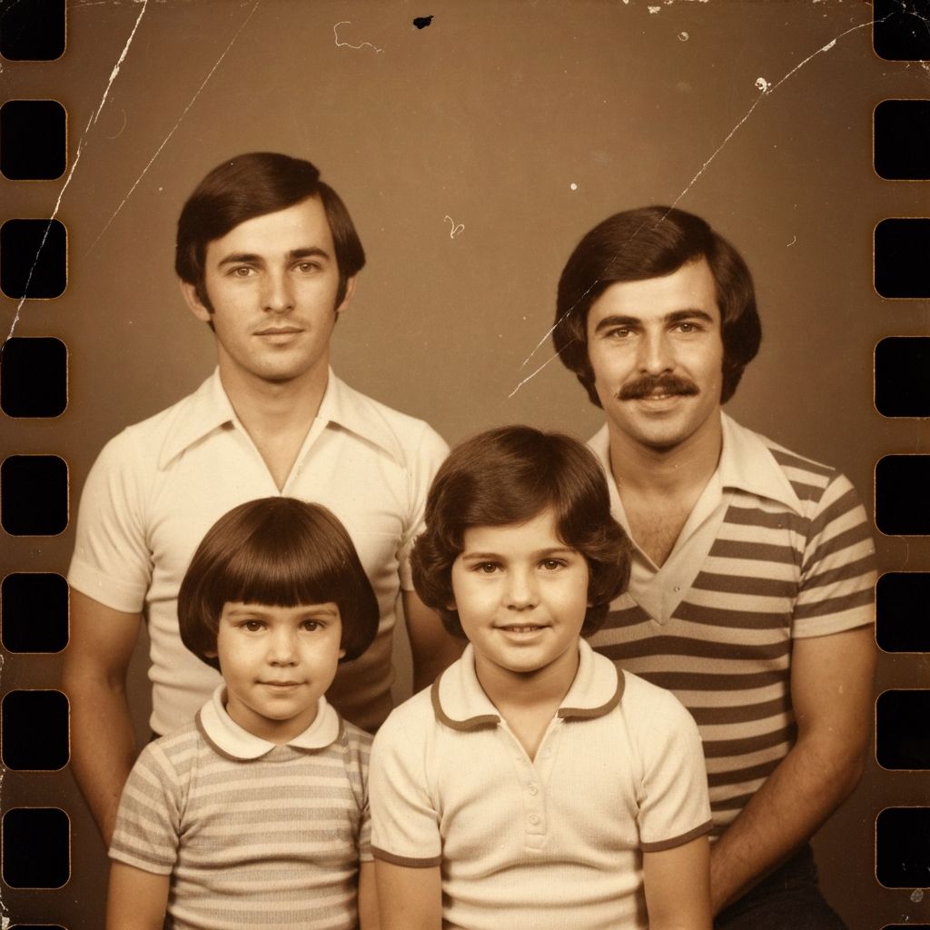 A scanned vintage family photo with film grain and noise