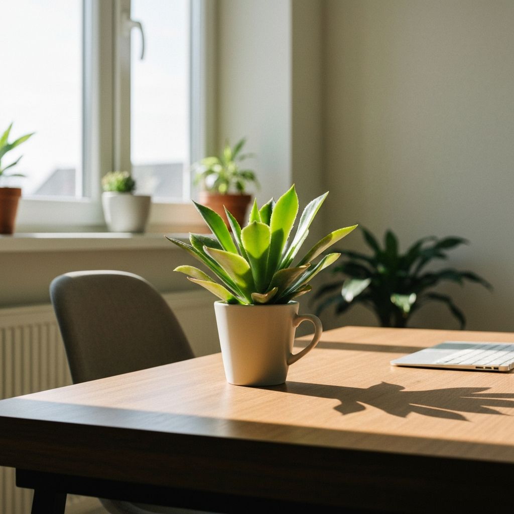 Before and after using AI generative fill to replace a coffee cup with a plant on a desk.