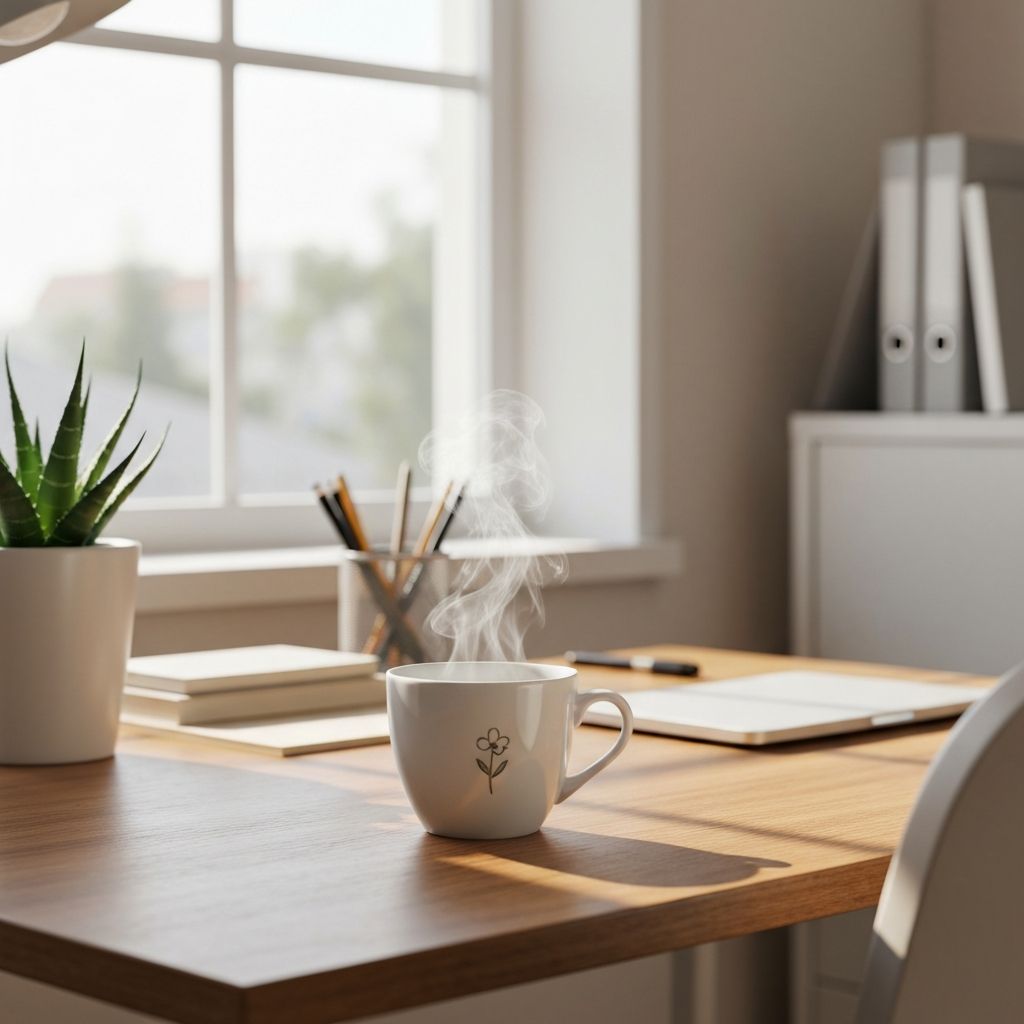 Before and after using AI generative fill to replace a coffee cup with a plant on a desk.