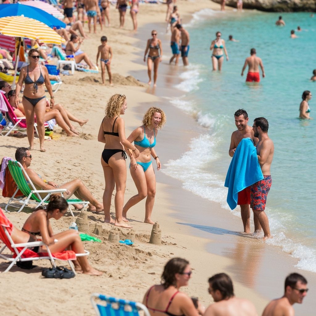 Before and after using free AI magic eraser to remove people from a crowded beach photo.