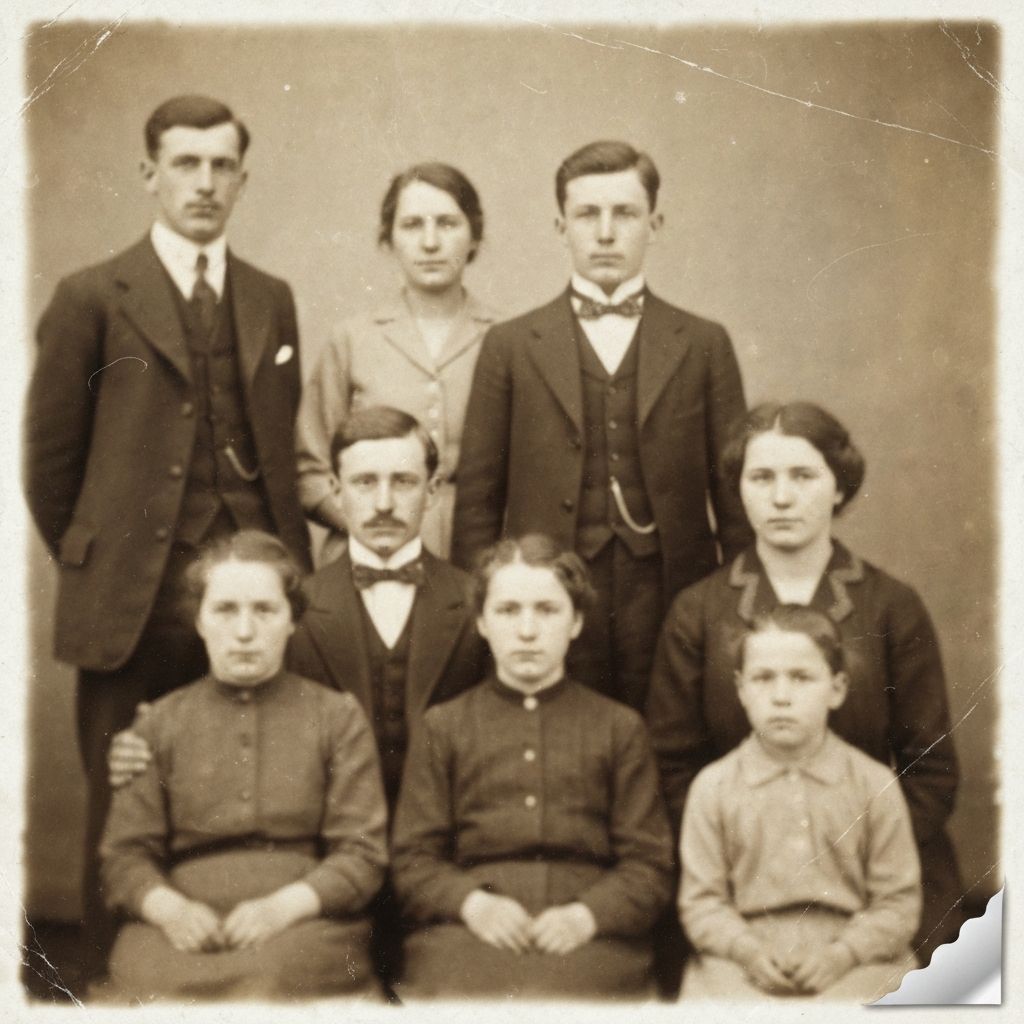 Old vintage family photo with blur and scratches
