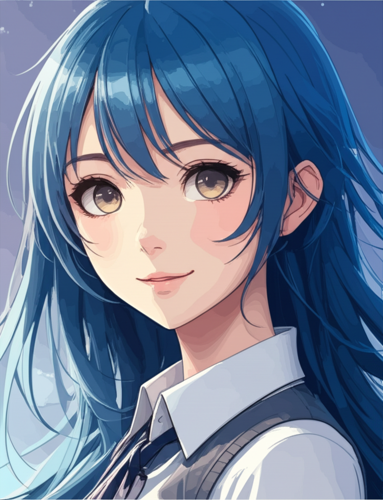 AI generated: Anime girl with flowing blue hair and magical sparkles, vibrant colors