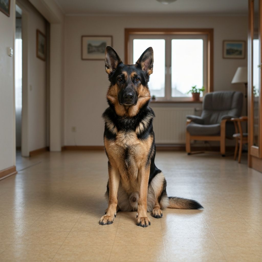 A dog sitting in a plain indoor setting