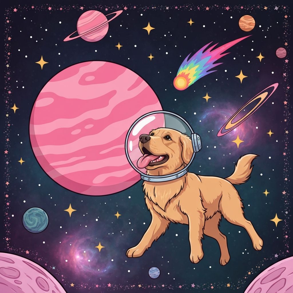 A dog running, with the background changed to a cartoon space scene using ImageHub AI