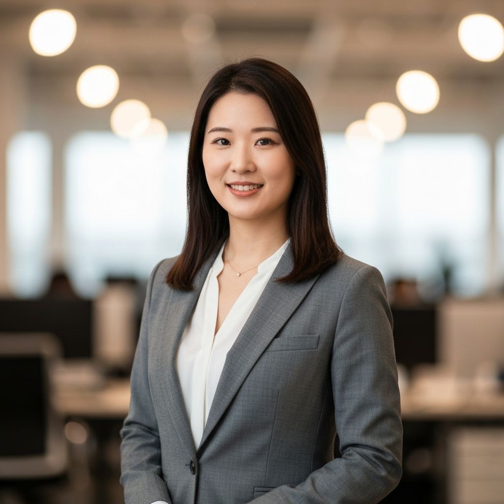 Portrait of a woman with the photo background replaced with a blurred office scene