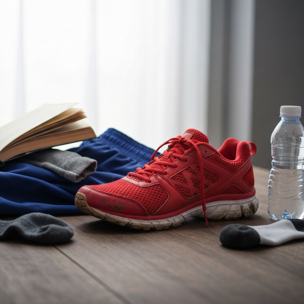 A red shoe on a cluttered background