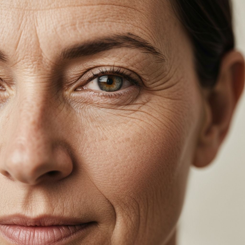 Close-up of face with eye wrinkles and fine lines before AI beauty edit