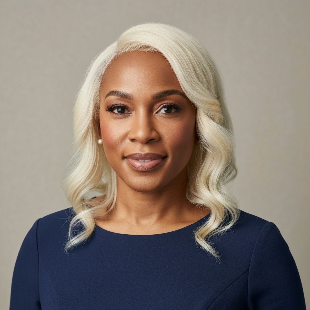 Woman with platinum blonde hair after AI hair color try on