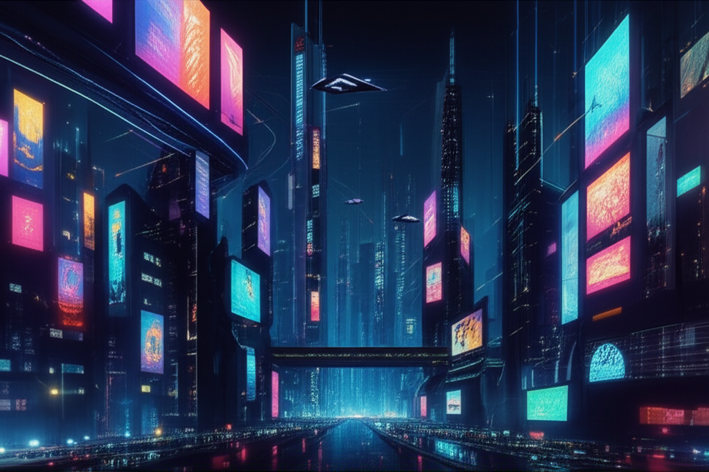 AI generated: Futuristic cyberpunk city at night with neon lights, cinematic composition