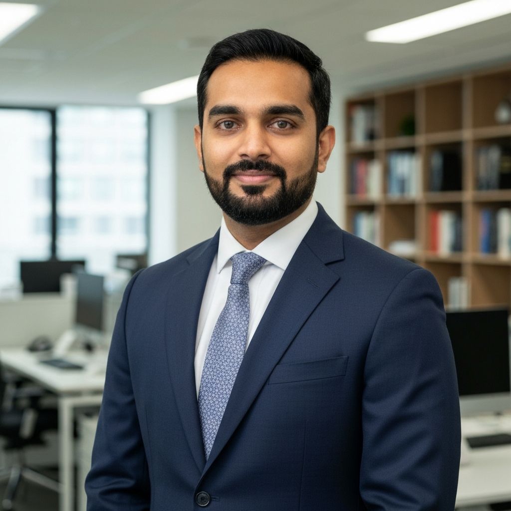 Professional corporate headshot for men in a suit generated by AI. Man in a navy blue suit with a blurred office background, suitable for LinkedIn profiles and executive bios.