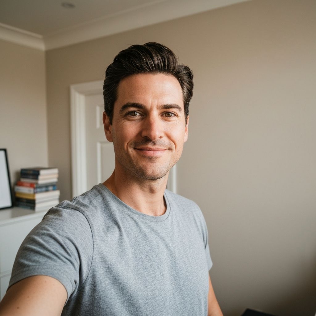 Casual selfie of a man in a t-shirt taken at home