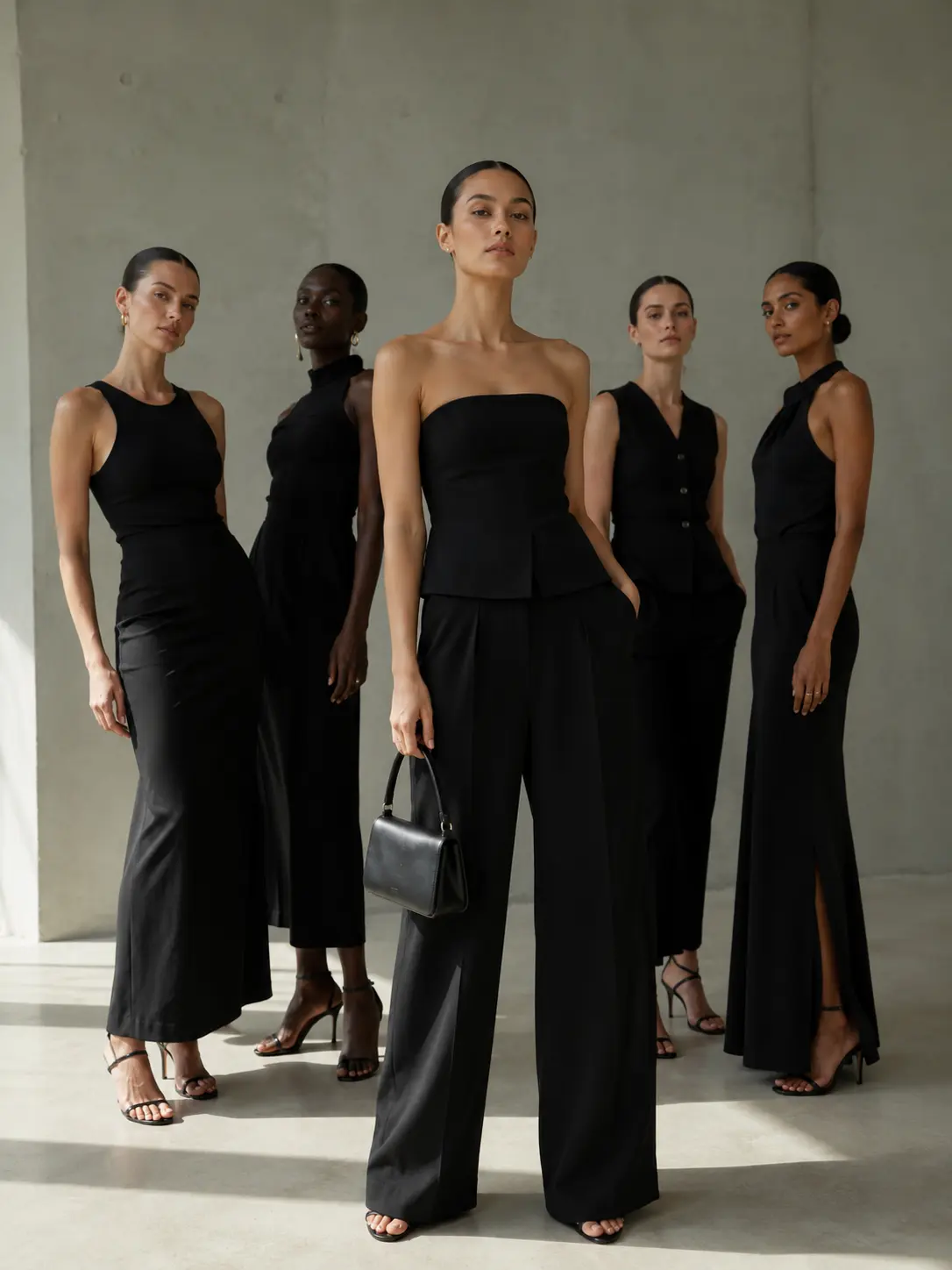 A group fashion portrait before anime conversion.