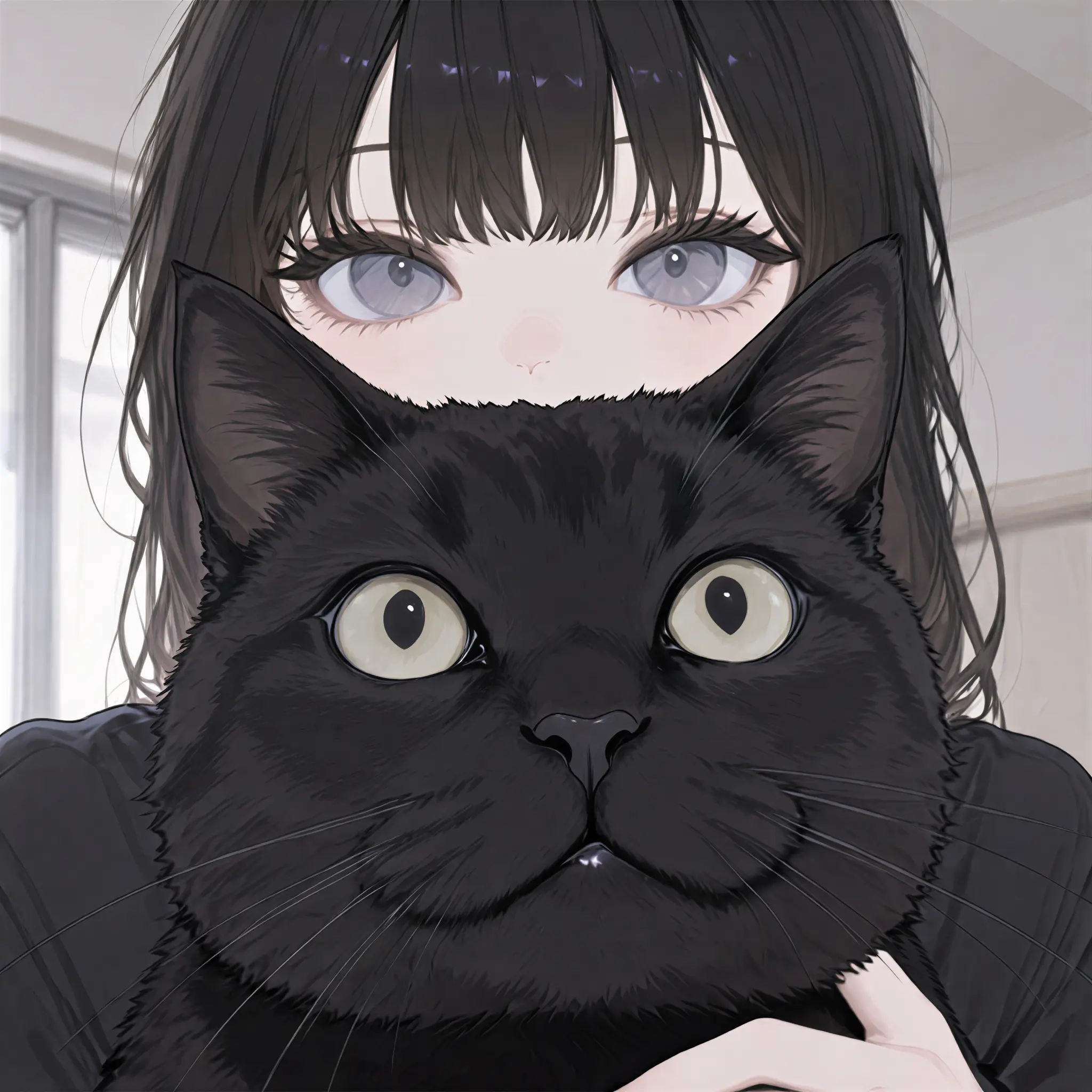 Manga-style close-up portrait with a black cat in the foreground, made for thumbnail use.