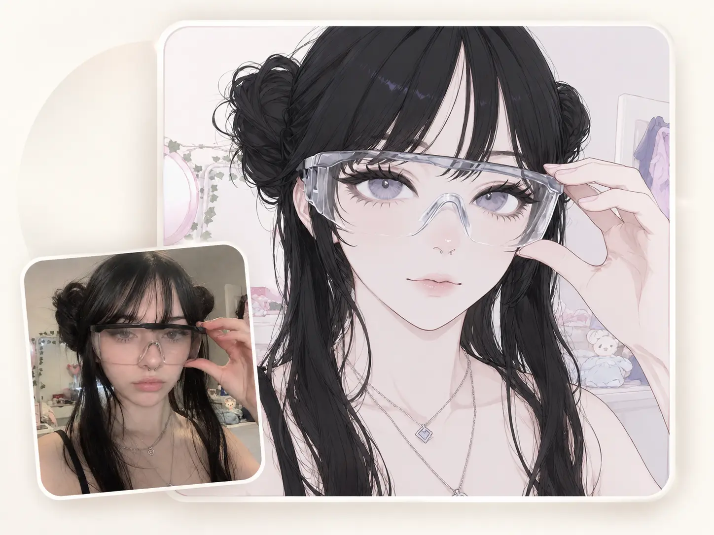 Before and after card showing a glasses selfie converted into an anime avatar.