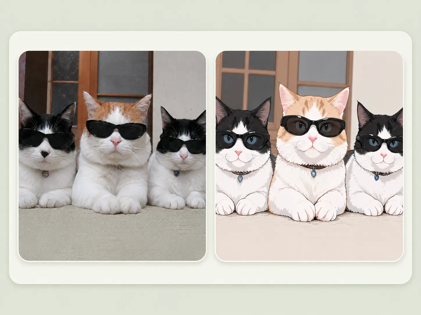 Before and after anime conversion card for three cats wearing sunglasses.