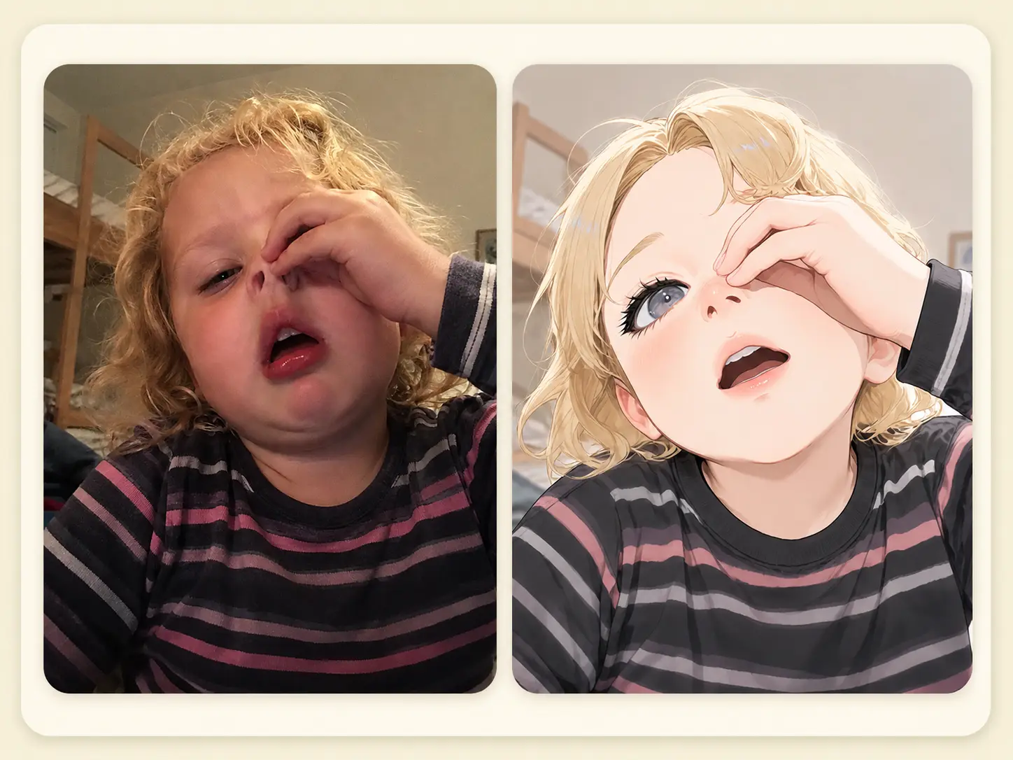 Before and after anime conversion card for a candid reaction portrait.