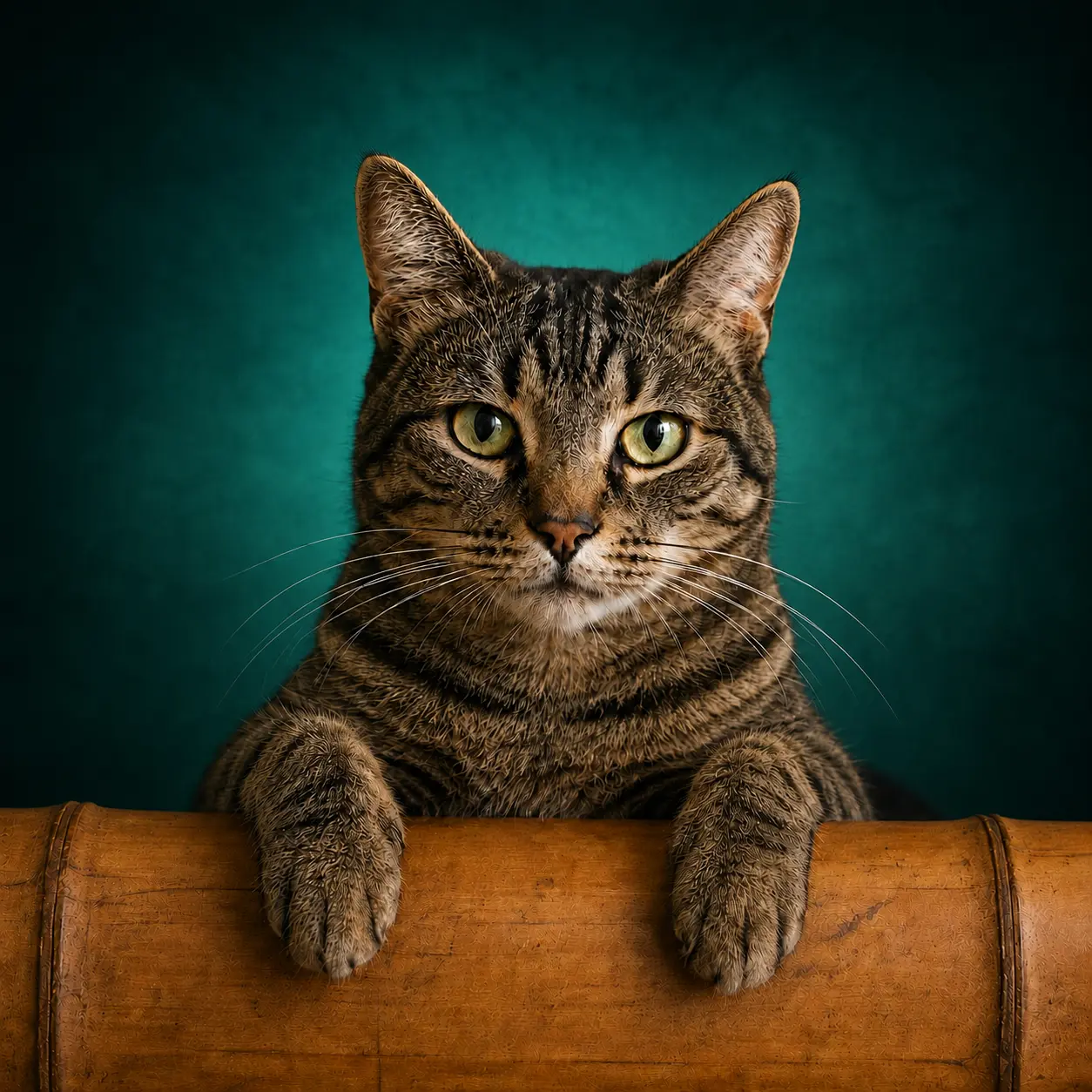Pet portrait preview with a dramatic teal generated background.