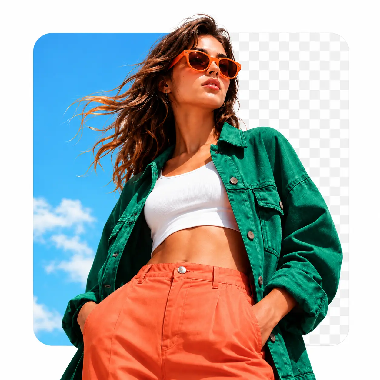 Fashion portrait shown with a split background-change preview.