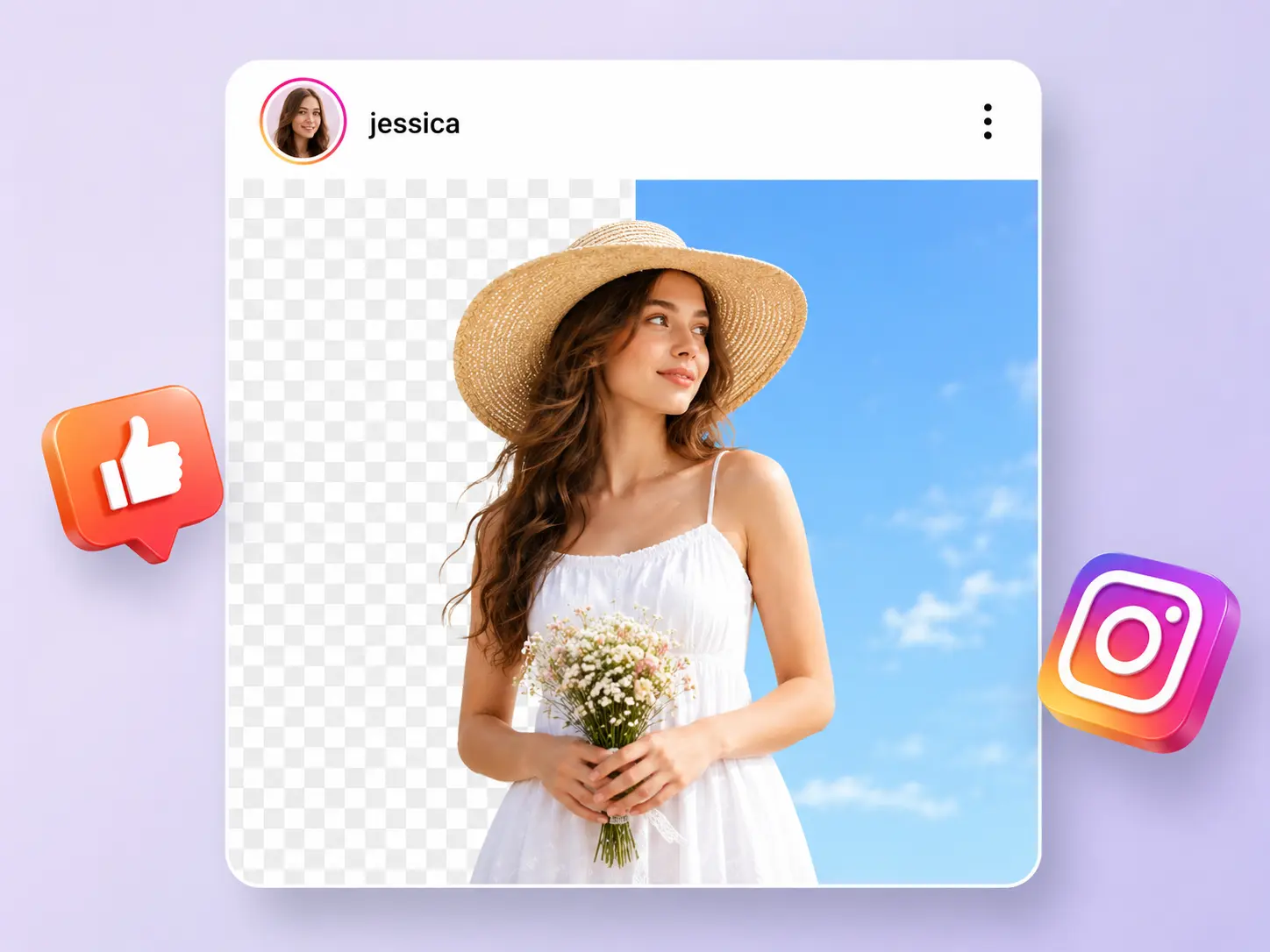 Creator post mockup showing a portrait background change for social content.