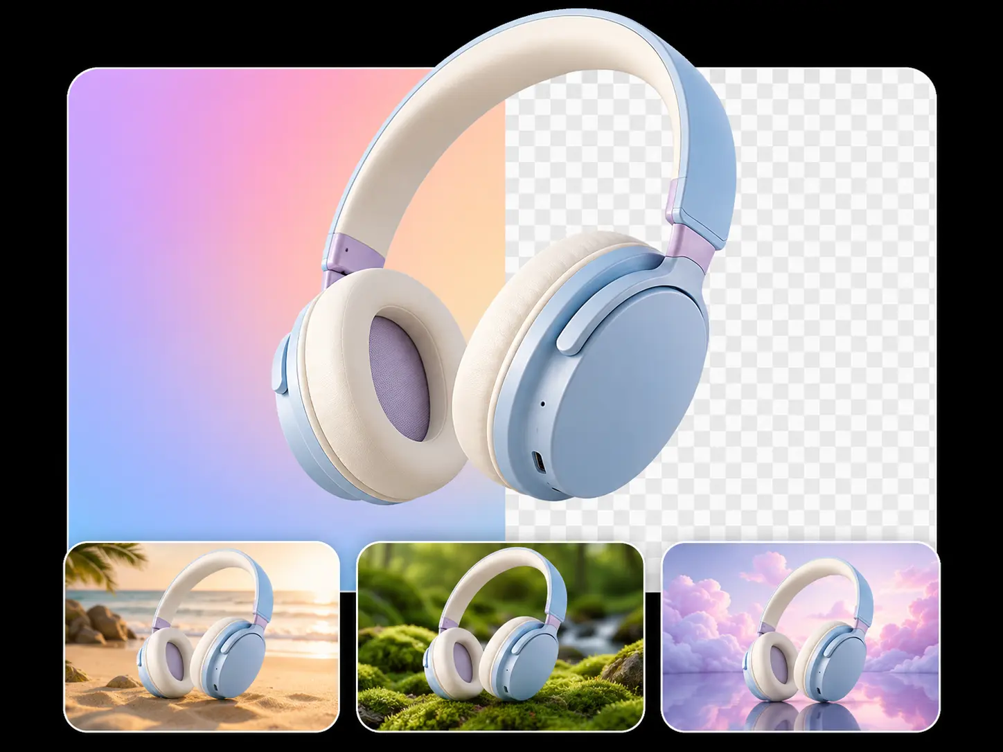 Headphones shown with multiple generated product background directions.