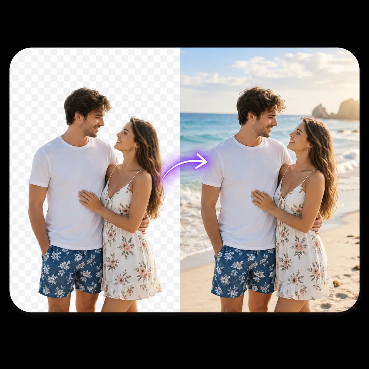 Couple photo shown before and after changing the background to a beach scene.