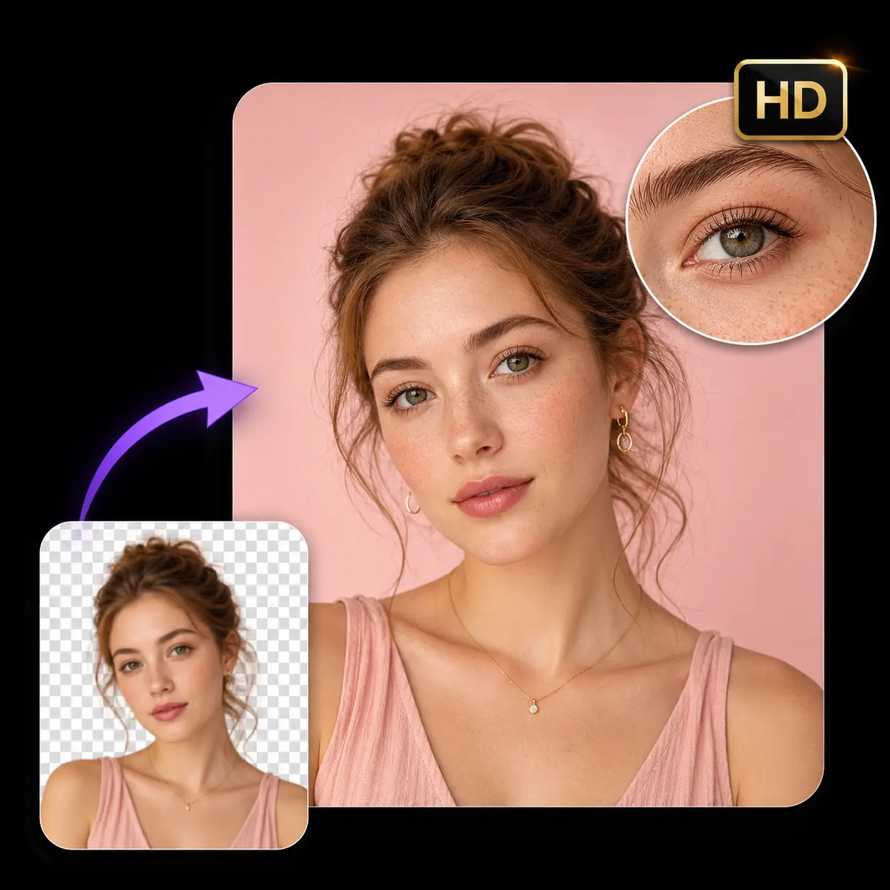 Portrait edit preview with a soft pink generated background.