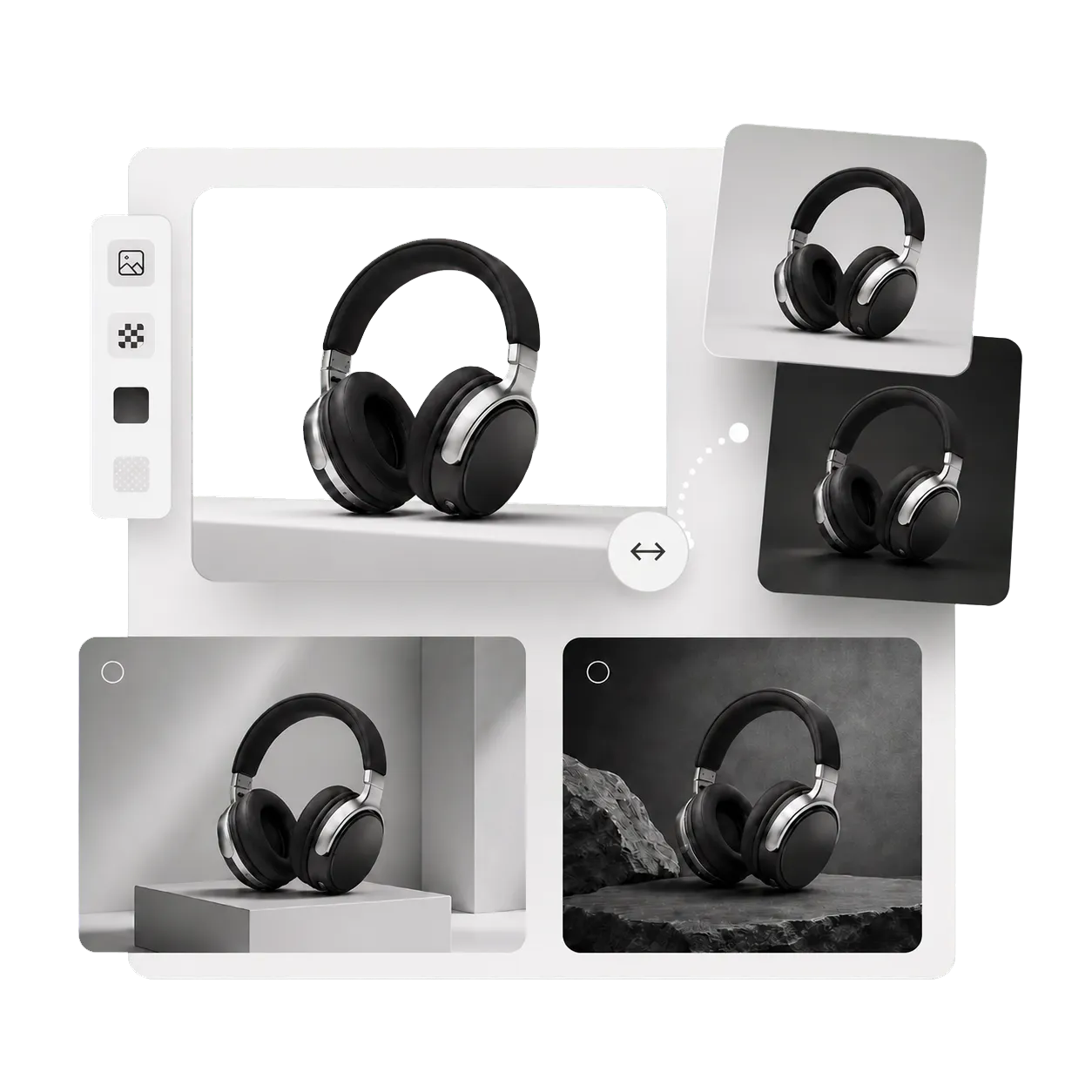 Wireless headphones previewed with several background styles in a browser editing interface.