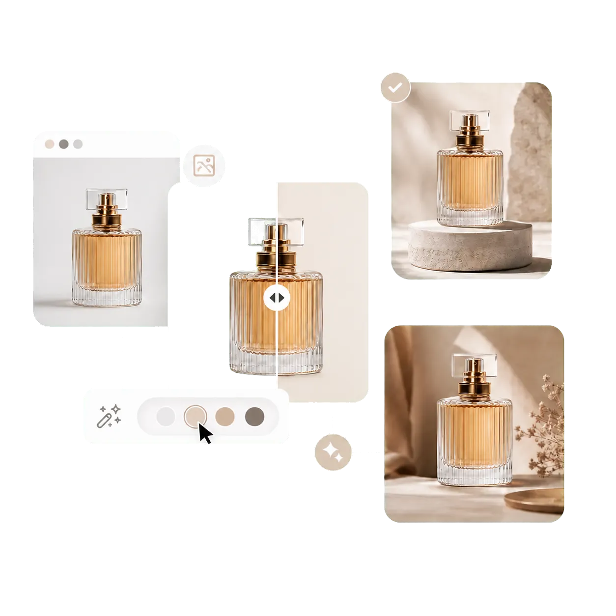 A fragrance bottle shown with several selectable generated background styles.