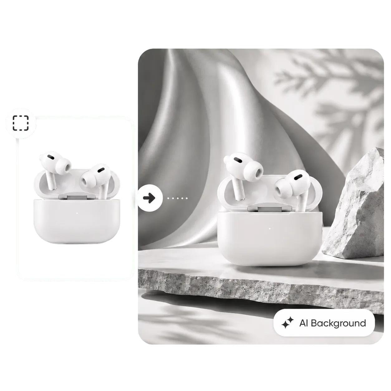 Wireless earbuds moved from a transparent source into a styled product scene.