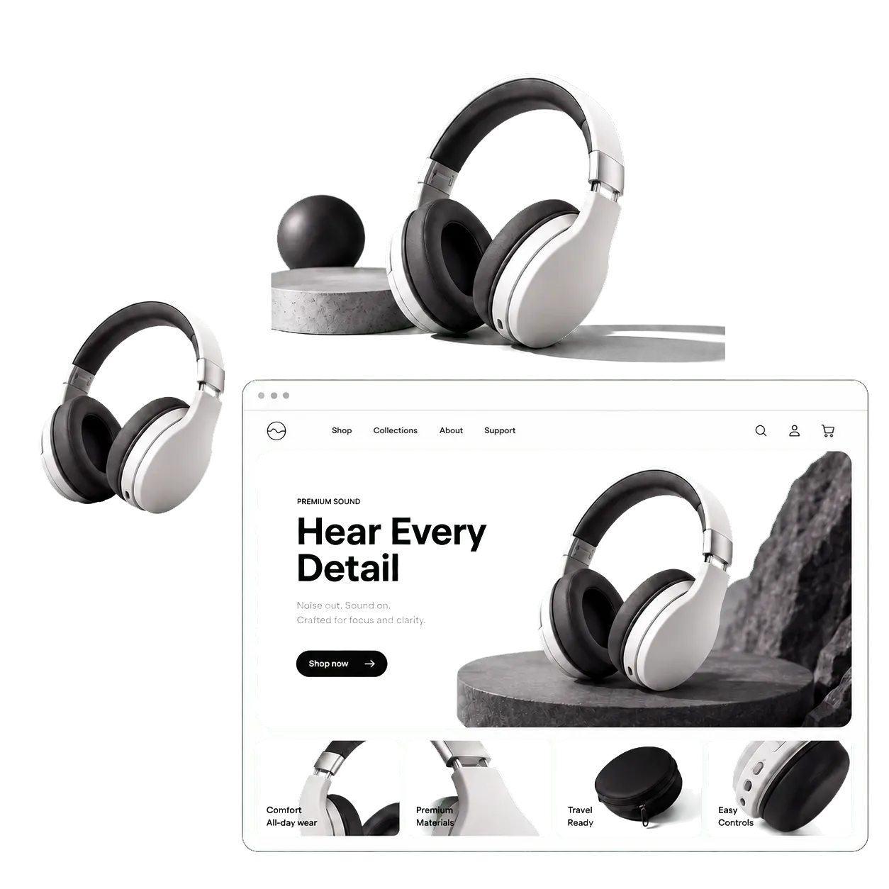Wireless headphones presented across polished ecommerce listing layouts.