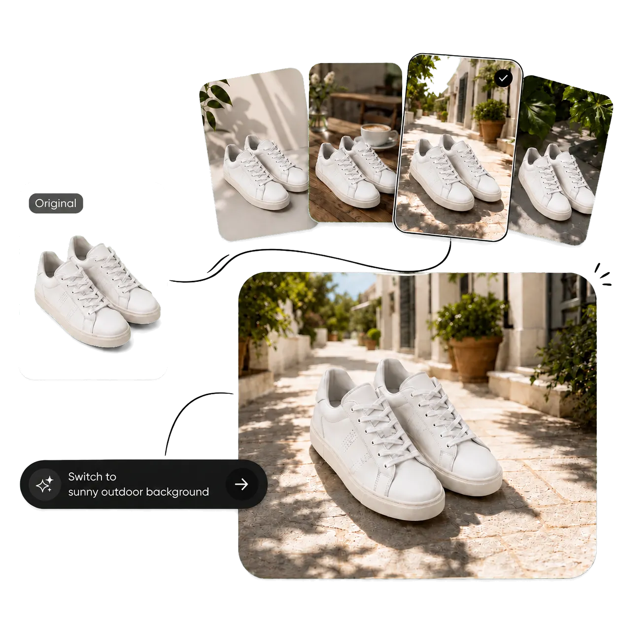 White sneakers moved from a plain source image into a sunny outdoor lifestyle scene.