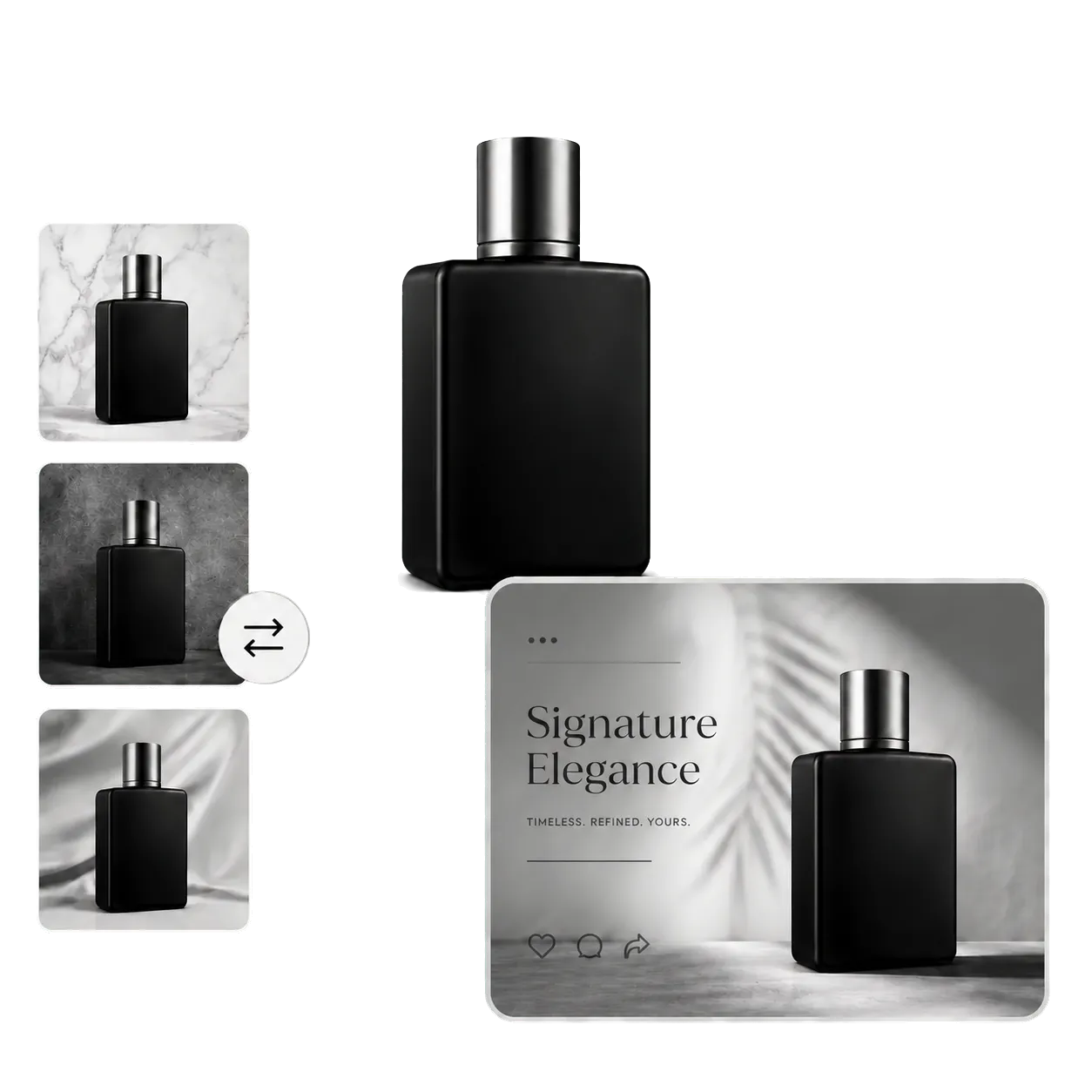 A black fragrance bottle adapted into several polished promotional campaign scenes.