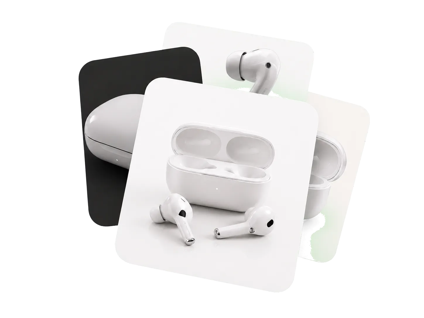 Wireless earbuds shown across several generated studio background variations.