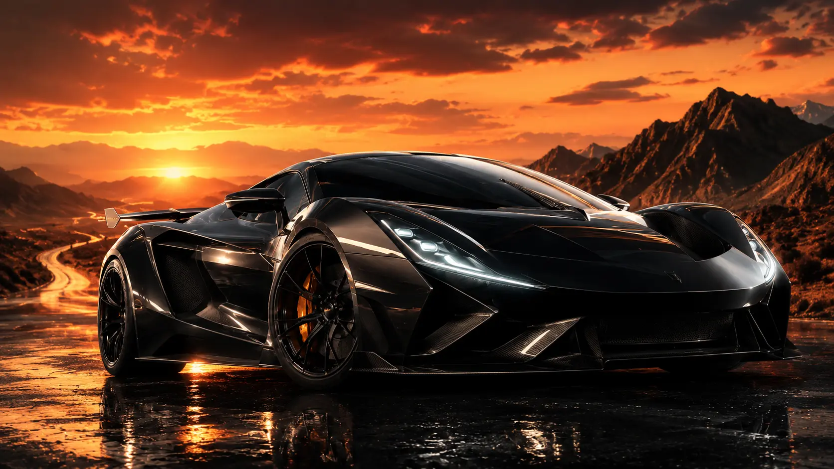 The same black supercar placed in a mountain sunset scene after the background is changed.
