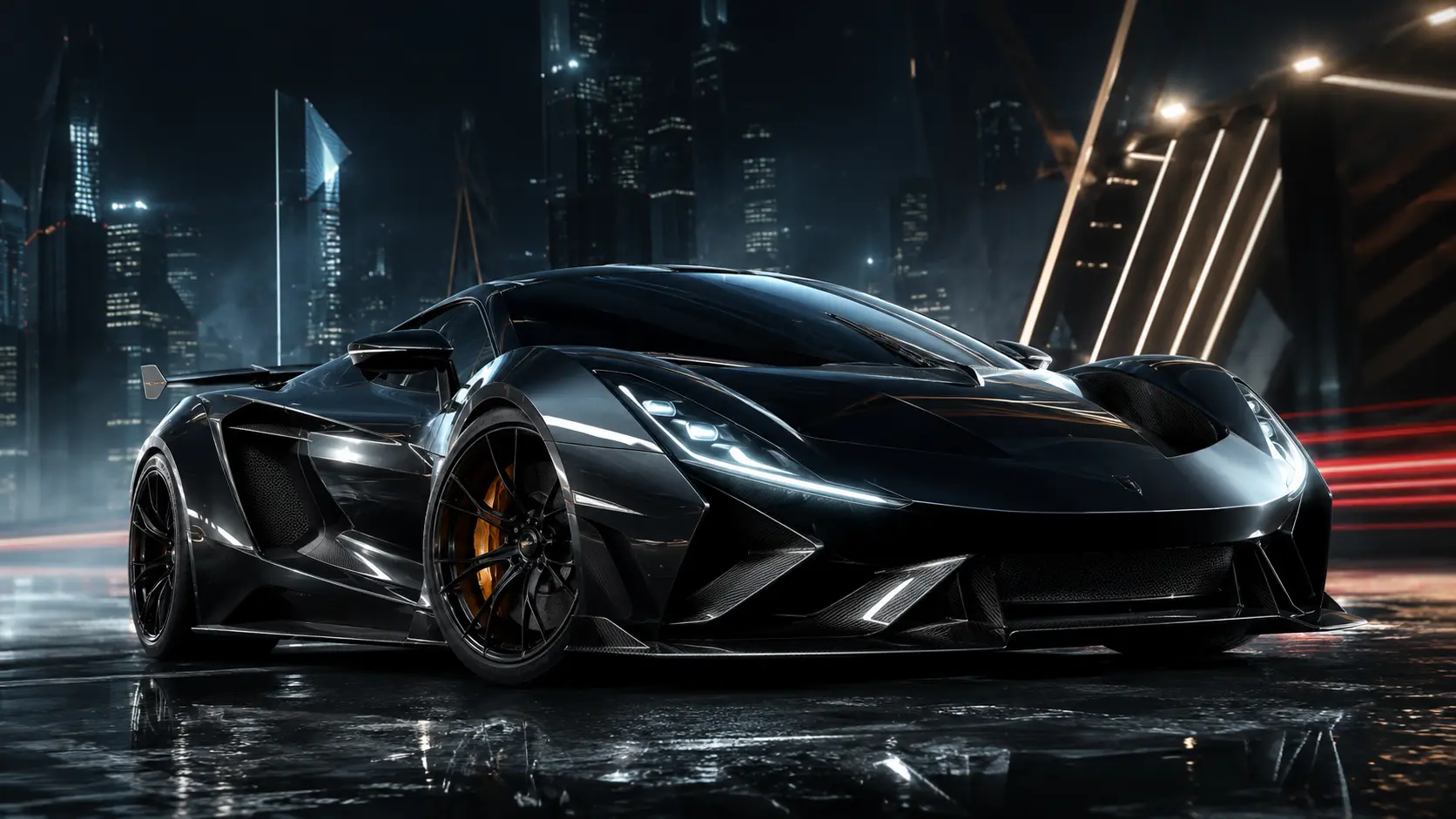 A black supercar in a futuristic city setting before the background is changed.