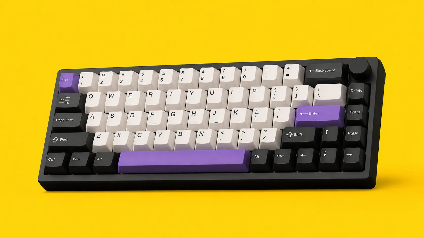 The same mechanical keyboard on a bright yellow background after AI background generation.