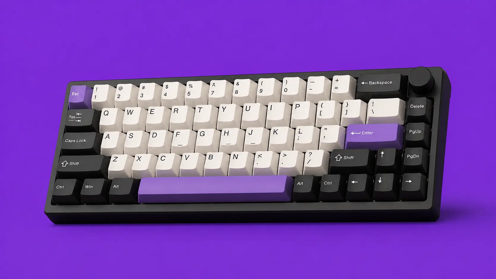 A mechanical keyboard on a purple studio background before AI background generation.