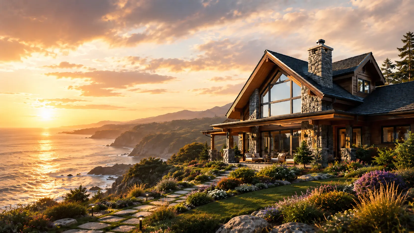 The same mountain home placed on a coastline at sunset after the presentation scene is changed.