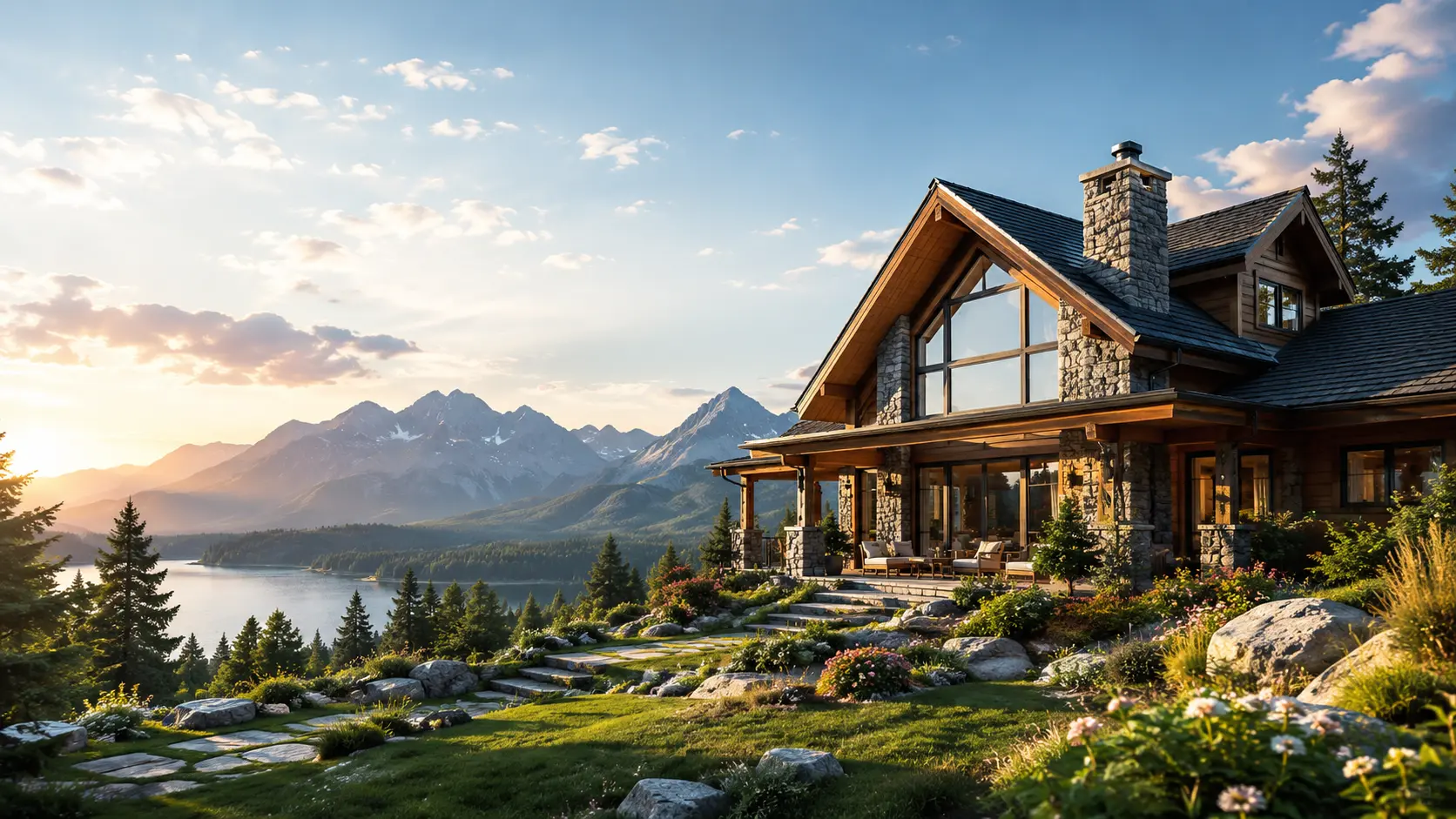 A mountain home overlooking a lake before the presentation scene is changed.