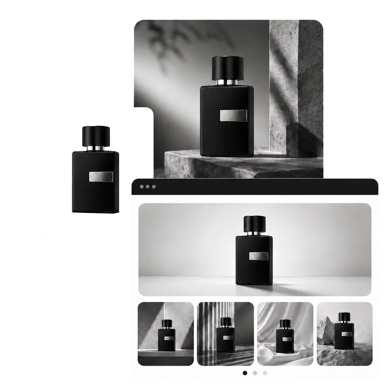 A black fragrance bottle shown across several generated product scenes.