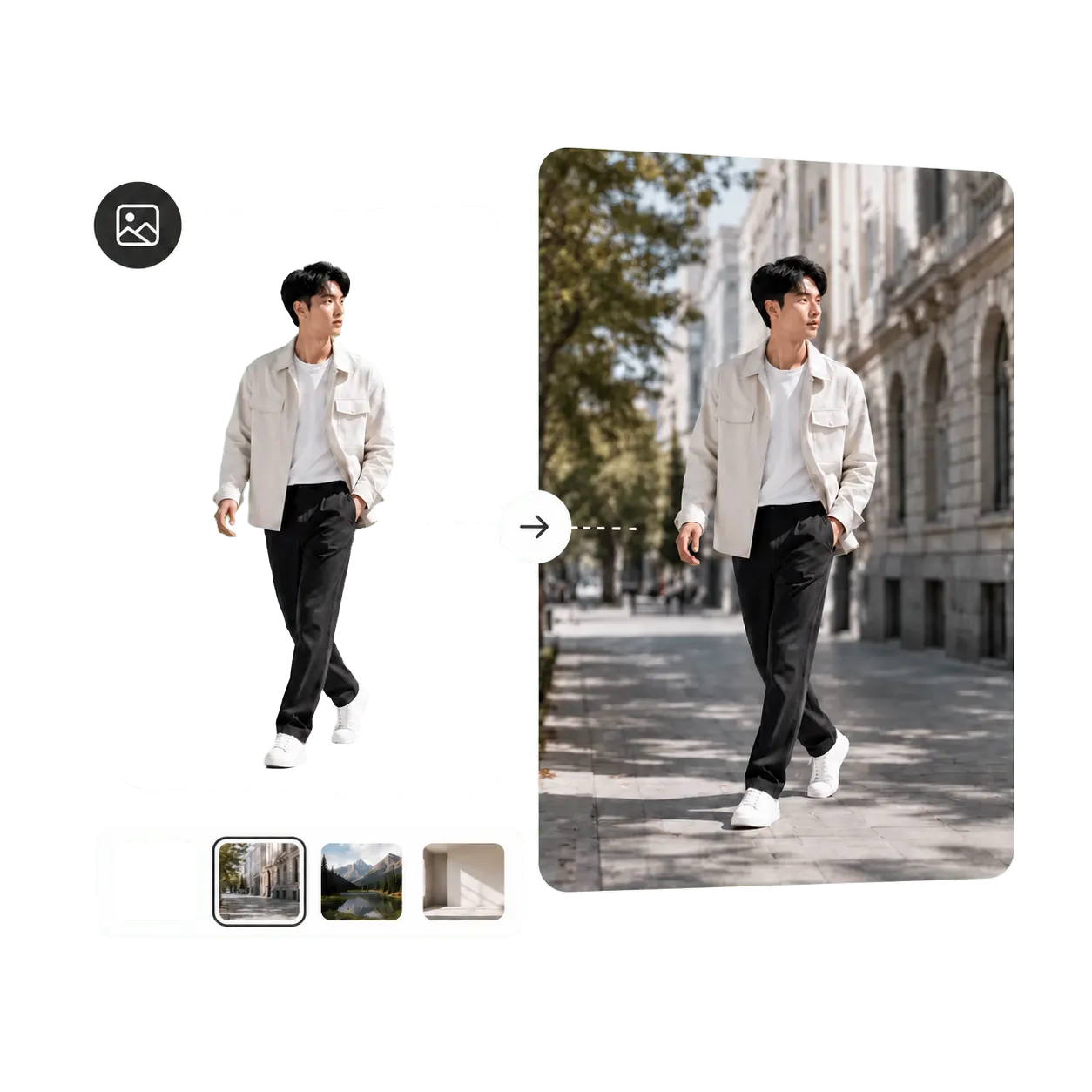 A full-body portrait moved from a plain studio background to a city street scene.
