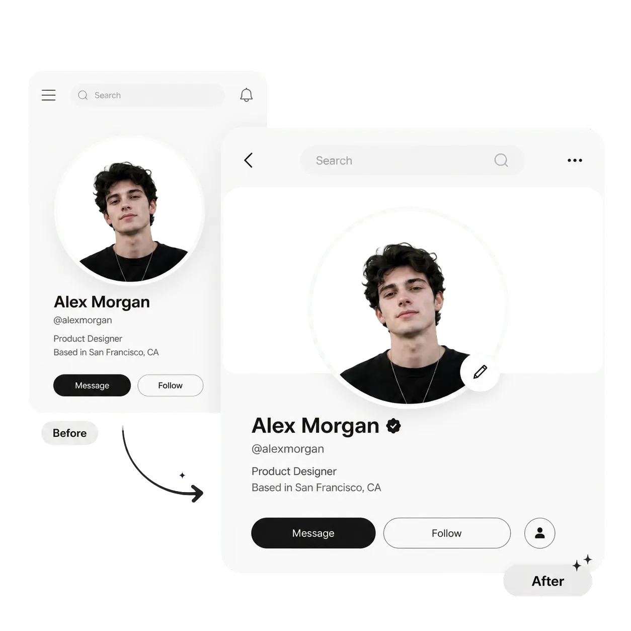 A portrait updated across polished social profile layouts.