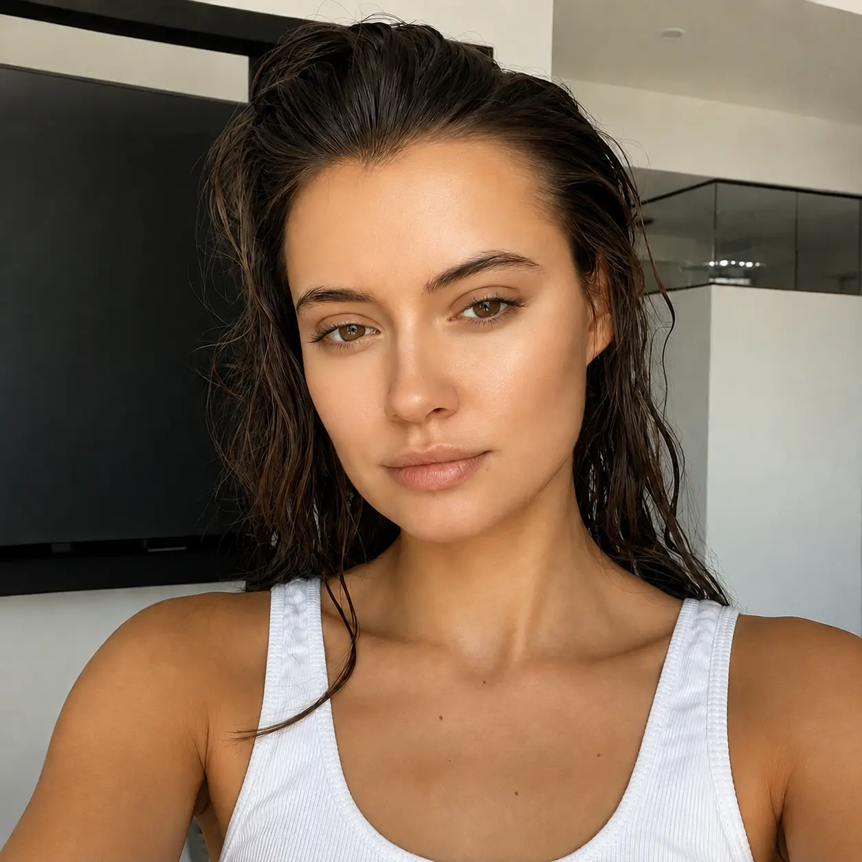 Warm polished portrait after AI beauty editing