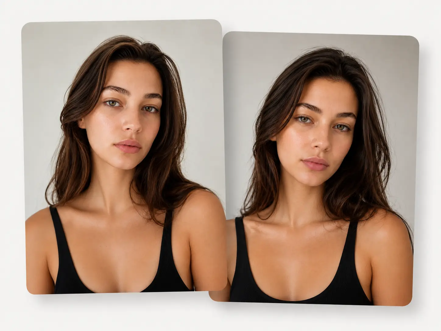 Side-by-side before-and-after AI beauty portrait comparison