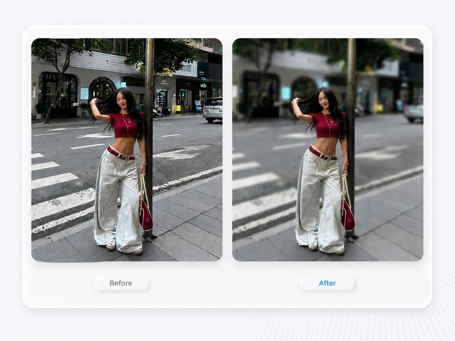 Original portrait beside the same photo with its street background blurred.