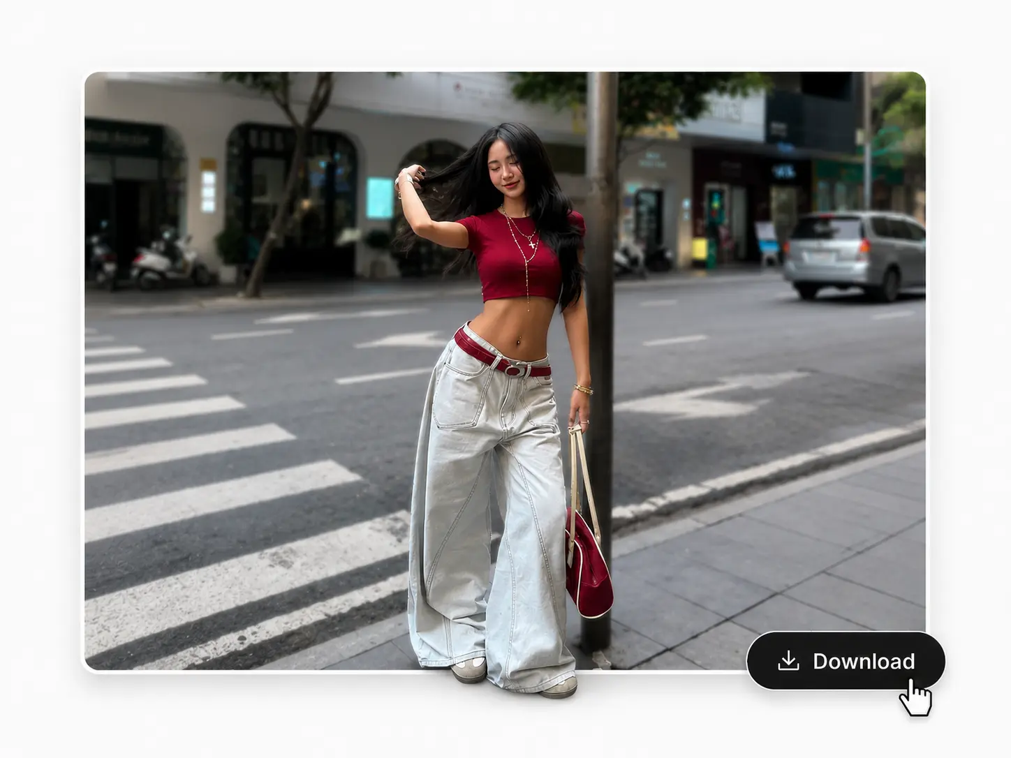 Finished portrait with a blurred street background and a download button.