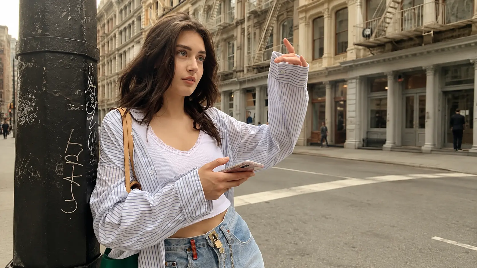 Woman standing on a city street before background blur.
