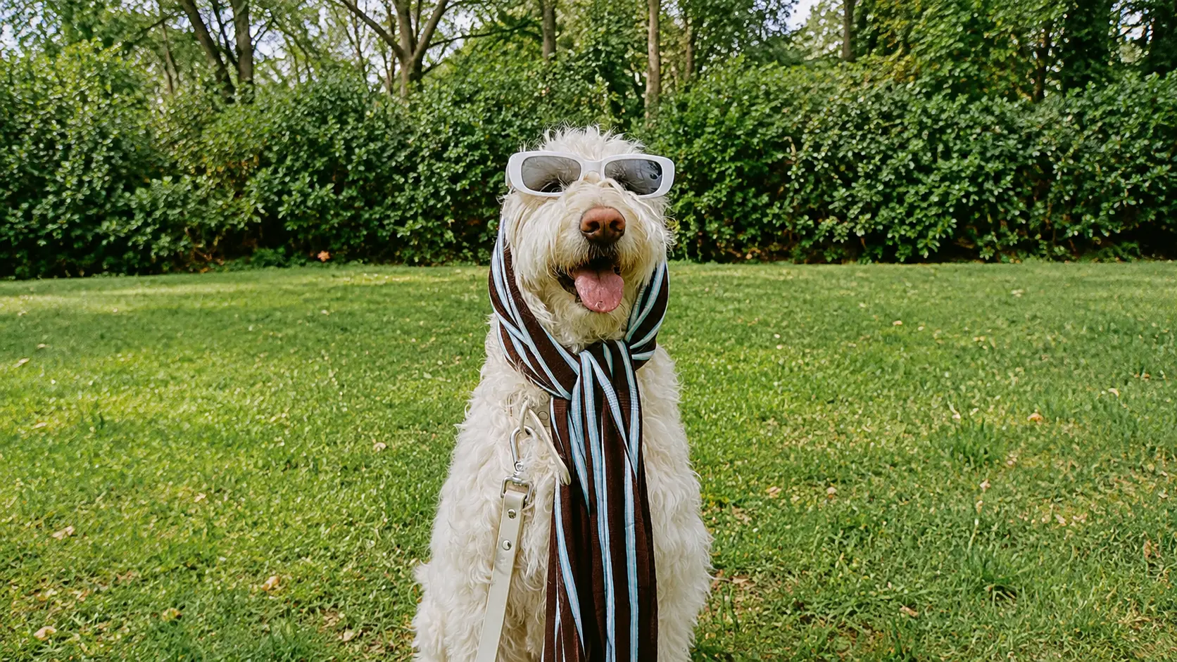 Dog wearing sunglasses and a scarf in a park before background blur.