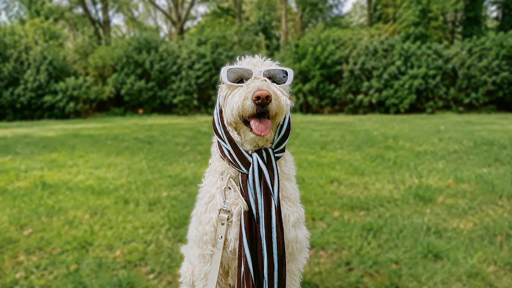 Dog kept sharp against the same softly blurred park background.